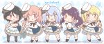  5girls :0 :3 argyle argyle_background asymmetrical_bangs asymmetrical_hair bang_dream! bangs bare_thighs black_footwear black_gloves black_hair black_legwear black_ribbon blonde_hair blue_background blue_butterfly blue_eyes blue_skirt blush_stickers brown_eyes bug butterfly chibi collared_dress commentary_request double-breasted eyebrows_visible_through_hair full_body futaba_tsukushi gloves group_name hair_between_eyes half_gloves hand_up hat highres hiromachi_nanami insect kirigaya_touko kurata_mashiro layered_skirt long_hair long_sleeves looking_at_viewer mini_hat mitarashi_neko_(aamr7853) morfonica multiple_girls neck_ribbon one_side_up orange_hair pantyhose parted_lips pink_eyes profile purple_hair ribbon shadow sheer_clothes short_hair short_sleeves side-by-side sidelocks silver_hair skirt smile socks standing tilted_headwear triangle_mouth twintails twitter_username uniform white_legwear white_uniform yashio_rui 