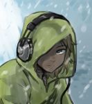  blue_background brown_eyes brown_hair coat commentary dark_skin doumeki_parker eizouken_ni_wa_te_wo_dasu_na! expressionless green_coat headphones headphones_over_headwear henriiku_(ahemaru) hood hood_up looking_at_viewer messy_hair one_eye_covered parka portrait raincoat short_hair snowing 