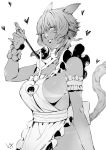  1girl animal_ears apron arm_garter blush breasts cat_ears cat_tail final_fantasy final_fantasy_xiv from_side greyscale hand_up heart highres holding ladle large_breasts looking_at_viewer looking_to_the_side miqo&#039;te mole mole_on_breast monochrome naked_apron nanaya_(daaijianglin) parted_lips short_hair sideboob signature simple_background smile solo standing tail tan tanline whisker_markings white_background wristband y&#039;shtola_rhul 