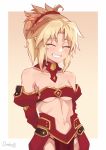  1girl arm_behind_back artist_name bangs bare_shoulders blonde_hair blush braid breasts collarbone commentary darahan detached_sleeves eyebrows_visible_through_hair fate/apocrypha fate_(series) grin hair_ornament long_hair looking_at_viewer medium_breasts mordred_(fate) mordred_(fate)_(all) navel ponytail red_scrunchie red_sleeves scrunchie smile solo teeth 