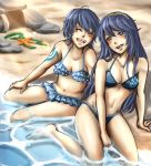  2girls artist_request barefoot beach bikini bikini_skirt blue_bikini blue_eyes blue_hair blush closed_eyes cute fire_emblem fire_emblem:_kakusei fire_emblem_13 fire_emblem_awakening fire_emblem_heroes human intelligent_systems loli lucina lucina_(fire_emblem) morgan_(fire_emblem) morgan_(fire_emblem)_(female) navel nintendo ocean open_eyes rock sand sea_creature short_hair siblings sisters smile soaking_feet starfish swimsuit tattoo teenage tiara young_adult 