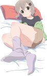  1girl absurdres black_shirt blush breasts brown_hair brown_shorts closed_mouth collarbone feet green_eyes hair_ornament hairclip highres looking_at_viewer lying nanowise on_back pillow purple_footwear shiny shiny_hair shirt short_hair shorts small_breasts smile socks solo yama_no_susume yukimura_aoi 
