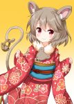  1girl animal_ear_fluff animal_ears basket eyebrows_visible_through_hair floral_print fur-trimmed_kimono fur_trim furisode gradient gradient_background grey_hair highres japanese_clothes kimono leaning_forward looking_at_viewer mouse mouse_ears mouse_tail nazrin obi red_eyes ruu_(tksymkw) sash sleeves_past_wrists smile solo tail touhou yellow_background 