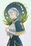  1girl artist_name bangs blue_background blue_dress braid brown_eyes capelet circle colored_eyelashes cowboy_shot crown_braid dress fire_emblem fire_emblem:_three_houses flower grey_background grey_hair hands_clasped lace_trim leaf lily_of_the_valley long_sleeves looking_away marianne_von_edmund orange_eyes own_hands_together pale_skin praying signature solo tied_hair yzderia 
