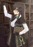  1girl atsuyah0310 black_gloves book bookshelf brown_hair commentary_request eyebrows_visible_through_hair glasses gloves green_eyes hair_ornament holding holding_book library long_hair looking_at_viewer original shirt solo white_shirt x_hair_ornament 
