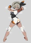  1girl ass bangs barefoot black_bodysuit black_hairband bodysuit bodysuit_under_clothes breasts closed_mouth dark_skin full_body gloves grey_eyes grey_hair gym_leader hair_between_eyes hairband highres jikatarou knee_pads legs looking_at_viewer looking_back orange_gloves outstretched_arm pokemon pokemon_(game) pokemon_swsh print_shorts saitou_(pokemon) shirt short_hair short_sleeves shorts simple_background single_glove small_breasts solo tied_shirt two-tone_gloves white_shirt white_shorts 