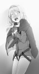  1girl absurdres an-94_(girls_frontline) blush fang girls_frontline gloves greyscale hair_between_eyes hairband highres jacket long_hair looking_at_viewer monochrome open_mouth pantyhose sd_bigpie shorts solo teeth 