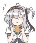  1girl black_headband blush eating eyebrows_visible_through_hair fast_food food hachimaki hamburger headband holding holding_food kantai_collection long_hair looking_at_viewer nakadori_(movgnsk) one_side_up short_sleeves silver_hair simple_background smile solo suzutsuki_(kantai_collection) upper_body white_background 