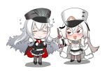  2girls alcohol azur_lane bangs cape chibi closed_eyes coat coat_dress crossed_bangs fur-trimmed_cape fur-trimmed_coat fur_trim gangut_(azur_lane) gloves graf_zeppelin_(azur_lane) hat iron_cross military_hat multiple_girls partly_fingerless_gloves peaked_cap red_eyes smile steed_(steed_enterprise) vodka white_coat white_hair white_uniform 