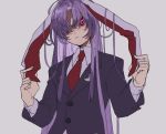 1girl animal_ears bangs blazer blouse buttons closed_mouth collared_blouse crescent crescent_moon_pin grey_background holding_ears imperishable_night jacket lapel_pin lavender_hair long_hair looking_at_viewer marimo_tarou moon_rabbit necktie pink_eyes purple_hair rabbit_ears red_neckwear reisen_udongein_inaba solo touhou white_blouse 