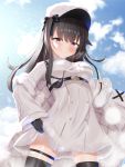  1girl absurdres azur_lane black_gloves black_hair black_legwear blue_sky blush breasts clouds coat eyebrows_visible_through_hair firin fur_trim gloves hat highres large_breasts lifted_by_self long_hair long_sleeves looking_at_viewer pamiat_merkuria_(azur_lane) russian_clothes sky smile solo thigh-highs tongue tongue_out under_boob violet_eyes white_headwear 