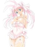  1girl :o animal_ears blue_eyes bow_in_hair breasts frilled_clothing hands_on_breasts high_heels highres large_breasts long_hair looking_at_viewer michael open_mouth pink_clothes pink_footwear pink_hair rabbit_ears simple_background solo thigh-highs white_background 