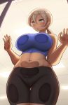  1girl against_glass bare_shoulders belly bike_shorts blonde_hair breast_press breasts_on_glass commentary_request dark_skin frown green_eyes hand_on_glass highres maku_ro midriff navel original parted_lips ponytail short_shorts shorts solo thigh_gap tied_hair 