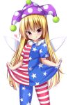  1girl :q american_flag_dress american_flag_legwear blonde_hair blush clownpiece commentary_request fairy_wings hat heart highres jester_cap kuraaken licking_lips long_hair looking_at_viewer neck_ruff pantyhose purple_headwear red_eyes short_sleeves simple_background skirt_hold solo striped striped_legwear tongue tongue_out touhou white_background wings 