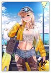  1girl animal baseball_cap bird blonde_hair blue_eyes bra_strap breasts brown_legwear clouds cowboy_shot crop_top cutoffs day denim denim_shorts earrings front-tie_top goggles goggles_on_headwear ground_vehicle hat highleg highres holding holding_shoes jacket jewelry long_hair long_sleeves looking_at_viewer medium_breasts midriff motor_vehicle navel necklace ocean off_shoulder open_clothes open_jacket open_mouth original outdoors pantyhose scooter seagull shirt shoes short_shorts shorts sign skindentation sky sneakers solo standing stomach stud_earrings testame torn_clothes torn_legwear torn_shorts white_shirt yellow_jacket 