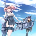  2girls absurdres akatsuki_(kantai_collection) anchor anchor_hair_ornament anchor_symbol atlanta_(kantai_collection) badge black_footwear black_headwear black_legwear black_sailor_collar black_skirt blue_sky boots bra_through_clothes breasts brown_hair cannon clouds day dress_shirt earrings flat_cap garrison_cap garter_straps gloves grey_eyes hair_between_eyes hair_ornament hat headgear high-waist_skirt highres jewelry kantai_collection large_breasts long_hair long_sleeves machinery multiple_girls neckerchief outdoors parted_lips partly_fingerless_gloves pleated_skirt purple_hair red_neckwear rigging sailor_collar school_uniform searchlight serafuku shirt skirt sky smokestack solo sparkle standing standing_on_liquid star star_earrings suspender_skirt suspenders thigh_strap torpedo torpedo_tubes tr-6 turret two_side_up violet_eyes water wet white_gloves white_shirt 