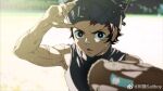  1boy bandaid bandaid_on_face bandaid_on_nose bare_shoulders baseball_mitt black_tank_top blurry blurry_background blurry_foreground child highres kamado_tanjirou kimetsu_no_yaiba looking_at_viewer male_child male_focus muscular muscular_child negishiokun outdoors red_eyes redhead scar solo sweat tank_top 