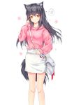  1girl absurdres alternate_costume animal_ear_fluff animal_ears arknights bag bangs black_hair brown_eyes casual commentary eyebrows_visible_through_hair feet_out_of_frame hand_up handbag highres long_hair long_sleeves looking_at_viewer miniskirt neon_(hhs9444) pink_sweater simple_background skirt solo standing sweater tail texas_(arknights) thighs white_background white_skirt wolf_ears wolf_tail 