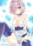  1girl bangs bare_shoulders black_panties blush breast_hold breasts choker closed_mouth collarbone commentary_request crossed_arms crystal embarrassed eyebrows_visible_through_hair fate/grand_order fate_(series) garter_belt gem gloves hair_between_eyes hair_ornament hair_over_one_eye jewelry lace lace-trimmed_legwear large_breasts lingerie looking_at_viewer mash_kyrielight navel necklace panties pink_hair revealing_clothes royal_icing see-through short_hair solo thigh-highs underwear uonuma_yuu violet_eyes 