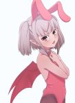  1girl animal_ears bare_shoulders blush bow bowtie brown_eyes bunny_girl bunny_tail bunnysuit demon_wings detached_collar eyebrows_visible_through_hair fake_animal_ears fake_tail grey_hair hands_up highres leotard looking_at_viewer makaino_ririmu medium_hair multicolored_hair nijisanji open_mouth pantyhose pointy_ears rabbit_ears red_leotard redhead sabamen simple_background solo strapless strapless_leotard streaked_hair tail twintails upper_body virtual_youtuber white_background wings 