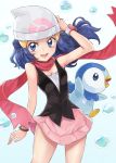  1girl absurdres beanie blue_eyes blue_hair dress hair_ornament hat highres hikari_(pokemon) long_hair looking_at_viewer open_mouth piplup pokemon pokemon_(creature) pokemon_(game) pokemon_dppt scarf sharumon skirt smile 