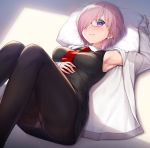  1girl armpits ass blush breasts commentary_request eyebrows_visible_through_hair fate/grand_order fate_(series) glasses hair_over_one_eye large_breasts looking_at_viewer lying mash_kyrielight nullken on_back open_mouth pillow purple_hair short_hair smile solo violet_eyes 