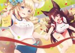  2girls akagi_(azur_lane) animal_ears azur_lane blonde_hair blush breasts brown_eyes brown_hair buruma eyebrows_visible_through_hair eyeliner festival flower fox_ears fox_girl fox_tail gym_uniform hair_between_eyes hair_flower hair_ornament hair_tubes kichijou_agata kitsune kyuubi large_breasts makeup medium_breasts multiple_girls multiple_tails name_tag niizuki_(azur_lane) note outdoors red_buruma shirt short_sleeves sports_festival tail thick_eyebrows white_shirt 