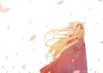  1girl :d bangs blonde_hair blush cloak earrings ereshkigal_(fate/grand_order) eyebrows_visible_through_hair fate/grand_order fate_(series) floating_hair glint hair_between_eyes highres hood hood_down hooded_cloak jewelry long_hair looking_away looking_to_the_side open_mouth parted_bangs petals profile red_cloak red_eyes signature smile sofra solo standing two_side_up very_long_hair white_background 