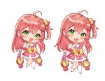  1girl ahoge bell blush chibi detached_sleeves full_body green_eyes hair_ornament hairclip hololive long_hair looking_at_viewer motsunuki nontraditional_miko open_mouth pink_hair sakura_miko single_thighhigh thigh-highs virtual_youtuber white_background white_legwear wide_sleeves 