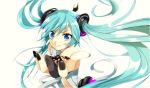  1girl aqua_hair bangs blue_eyes bridal_gauntlets center_opening elbow_gloves gloves hatsune_miku highres long_hair marirero_a miku_append necktie outstretched_arm smile solo twintails upper_body very_long_hair vocaloid vocaloid_append 