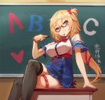  1girl akai_haato bespectacled black_legwear blonde_hair blue_eyes blush bracelet breasts chalkboard commentary_request crossed_legs glasses highres hololive jewelry large_breasts long_hair one_side_up pointer red-framed_eyewear semi-rimless_eyewear sitting smile solo sue_(bg-bros) thigh-highs thigh_strap translation_request under-rim_eyewear 