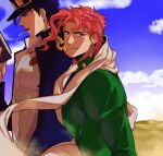  2boys blue_hair book cigarette desert earrings gakuran hat jewelry jojo_no_kimyou_na_bouken kakyoin_noriaki kujo_jotaro multiple_boys pink_hair redhead scarf school_uniform sky smoking stardust_crusaders stole violet_eyes white_scarf yway1101 