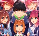  1boy 5girls :o bangs black_hair black_ribbon blue_cardigan blue_eyes blunt_bangs blush breasts brown_hair commentary_request eyebrows_visible_through_hair go-toubun_no_hanayome green_hairband hair_between_eyes hair_ornament hair_ribbon hairband headphones headphones_around_neck kurokuro_illust large_breasts long_hair long_sleeves looking_at_viewer medium_breasts multiple_girls nakano_ichika nakano_itsuki nakano_miku nakano_nino nakano_yotsuba pink_hair redhead ribbon shirt short_hair smile star star_hair_ornament two_side_up white_shirt 