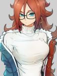  1girl android_21 black-framed_eyewear blue_eyes breasts dragon_ball dragon_ball_fighterz earrings glasses grey_background hair_between_eyes hoop_earrings jewelry kemachiku large_breasts long_hair looking_at_viewer redhead simple_background solo sweater turtleneck turtleneck_sweater white_sweater 