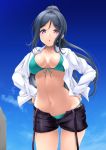  1girl :o =o aqua_bikini bangs bikini blue_hair blue_sky blush breasts breasts_apart collarbone dress_shirt eyebrows_visible_through_hair frapowa front-tie_bikini front-tie_top hair_between_eyes hands_on_hips high_ponytail large_breasts long_hair long_sleeves looking_at_viewer love_live! love_live!_sunshine!! matsuura_kanan midriff navel open_clothes open_fly open_mouth open_pants open_shirt outdoors ponytail shirt shorts side-tie_bikini sidelocks sky solo swimsuit thigh-highs violet_eyes white_shirt 