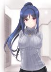  1girl arms_behind_back bangs black_pants blue_hair blurry blurry_background breasts covered_nipples door eyebrows_visible_through_hair frapowa grey_shirt high_ponytail indoors jewelry large_breasts long_hair long_sleeves looking_at_viewer love_live! love_live!_sunshine!! matsuura_kanan pants pendant ponytail ribbed_shirt ribbed_sleeves shirt sidelocks smile solo turtleneck turtleneck_sweater upper_body violet_eyes 