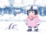  &gt;:) 2girls animal_ears bangs black_footwear black_hair boots commentary dress eyebrows_visible_through_hair full_body fur-trimmed_boots fur-trimmed_sleeves fur_trim inaba_tewi jacket long_hair multiple_girls outdoors pink_dress pink_jacket pink_scarf purple_hair rabbit_ears red_eyes reisen_udongein_inaba scarf shirosato smile snow snowing standing touhou v-shaped_eyebrows 