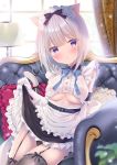  1girl animal_ear_fluff animal_ears apron backlighting belt belt_buckle black_belt black_bow black_panties black_skirt blush bow breasts buckle cat_ears cat_girl cat_tail center_frills commentary_request couch curtains day frilled_apron frilled_pillow frilled_skirt frills garter_straps grey_legwear hair_bow indoors lifted_by_self looking_at_viewer maid maid_headdress on_couch original panties parted_lips pillow shibainu_niki shirt short_hair silver_hair sitting skirt skirt_lift solo sunlight tail tail_bow thigh-highs under_boob underboob_cutout underwear violet_eyes white_apron white_shirt window 