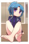  1girl :&lt; alice_gear_aegis bangs bare_legs barefoot black_jacket blue_hair blurry blurry_background blush closed_mouth crossed_legs depth_of_field eyebrows_visible_through_hair feet full_body high_ponytail highres jacket legs long_sleeves naga_u parted_bangs ponytail shadow short_hair sitting sleeves_past_wrists soles solo takanashi_rei violet_eyes white_background 