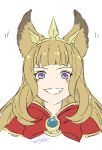  animal_ears bangs blonde_hair cagliostro_(granblue_fantasy) capelet eyebrows granblue_fantasy grin hairband long_hair mifuta red_capelet red_neckwear smile very_long_hair violet_eyes 