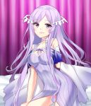  1girl absurdres bangs bare_shoulders bed blanket breasts choker curtains dress eyebrows_visible_through_hair grin highres indoors long_hair looking_at_viewer medium_breasts purple_hair quinella ribbon sitting smile solo sword_art_online very_long_hair violet_eyes white_choker white_dress yaya_chan 