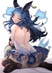  1girl animal_ears arched_back ass back backless_dress backless_outfit bangs biting_hair black_gloves black_legwear black_panties blue_hair blush commentary_request dress erune eyebrows_visible_through_hair ferry_(granblue_fantasy) floating_hair foreshortening from_behind ghost gloves granblue_fantasy hair_between_eyes hair_intakes hair_ornament hand_on_own_arm highres jewelry long_hair looking_at_viewer looking_back migumigu no_shoes open_mouth panties petticoat revision shoulder_blades simple_background single_earring sitting sleeveless sleeveless_dress thigh-highs tongue underwear wariza white_background x_hair_ornament yellow_eyes 