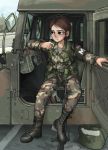  1girl absurdres american_flag army assault_rifle brown_hair camouflage cigarette commentary english_commentary gun highres m16 military military_uniform original rifle short_hair sitting smoking solo uniform vehicle_interior weapon whdgus2078 