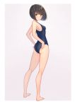  ass bangs bare_arms bare_legs bare_shoulders barefoot blue_swimsuit blush bob_cut border breasts closed_mouth commentary_request competition_swimsuit eyebrows_visible_through_hair from_behind full_body grey_background highres looking_at_viewer looking_back one-piece_swimsuit original short_hair simple_background small_breasts standing swimsuit tanbonota46 white_border 