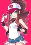  1girl absurdres baseball_cap black_vest blue_eyes brown_hair curly_hair cutoffs denim denim_shorts hat high_ponytail highres hiva+ long_hair looking_at_viewer open_mouth poke_ball pokemon pokemon_(game) ponytail shirt short_shorts shorts simple_background sleeveless sleeveless_shirt smile solo tank_top touko_(pokemon) vest white_shirt wristband 