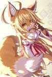  1girl 2020 ahoge animal_ears blonde_hair blush breasts chromatic_aberration fox fox_ears fox_tail furry highres japanese_clothes long_hair looking_at_viewer miko new_year original pawpads solo tail tongue tongue_out tsuji watermark yellow_eyes 