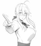  ahoge arms_up artoria_pendragon_(all) artoria_pendragon_(lancer) blush breasts fate/grand_order fate_(series) hair_ribbon large_breasts long_hair looking_at_viewer lvl_(sentrythe2310) monochrome open_mouth ribbon shirt 