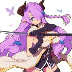  1girl asymmetrical_gloves black_gloves black_legwear blue_eyes braid breasts bug butterfly commentary_request draph elbow_gloves gloves granblue_fantasy hair_over_one_eye holding holding_sword holding_weapon horns insect katana large_breasts long_hair looking_at_viewer metata narmaya_(granblue_fantasy) pointy_ears purple_hair simple_background single_braid single_elbow_glove solo sword thigh-highs weapon white_background 