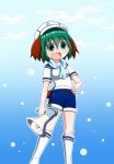  1girl :d air_bubble alternate_costume anchor_symbol animal_ears arm_at_side blue_background blue_sailor_collar blue_scarf blue_shorts blue_sky breasts bubble clouds commentary_request contrapposto eyebrows_visible_through_hair feet_out_of_frame gradient gradient_background green_eyes green_hair hair_between_eyes hand_on_hip hat highres holding_megaphone kasodani_kyouko kneehighs looking_at_viewer megaphone open_mouth outline partial_commentary rakugaki-biyori sailor_collar sailor_hat scarf shirt short_hair short_sleeves shorts sky small_breasts smile solo tail touhou white_headwear white_legwear white_shirt 