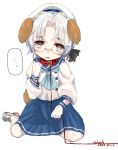  ... 1girl alakoala animal_ears black_legwear blue_neckwear blue_ribbon blue_skirt brown_eyes collar dog_collar dog_ears dog_tail full_body glasses gloves grey_hair highres hirato_(kantai_collection) kantai_collection leash long_sleeves neckerchief pleated_skirt ribbon school_uniform serafuku short_hair simple_background sitting skirt solo spoken_ellipsis tail wariza wavy_hair white_background white_gloves white_legwear 